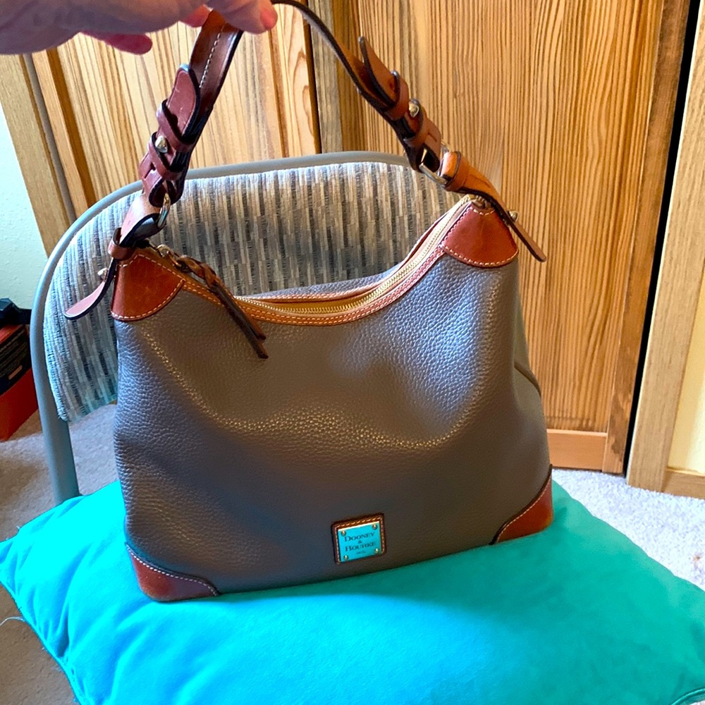 Dooney & Bourke Pebble Hobo Purse. EUC Grayish Brown w/Saddle-Colored Accents